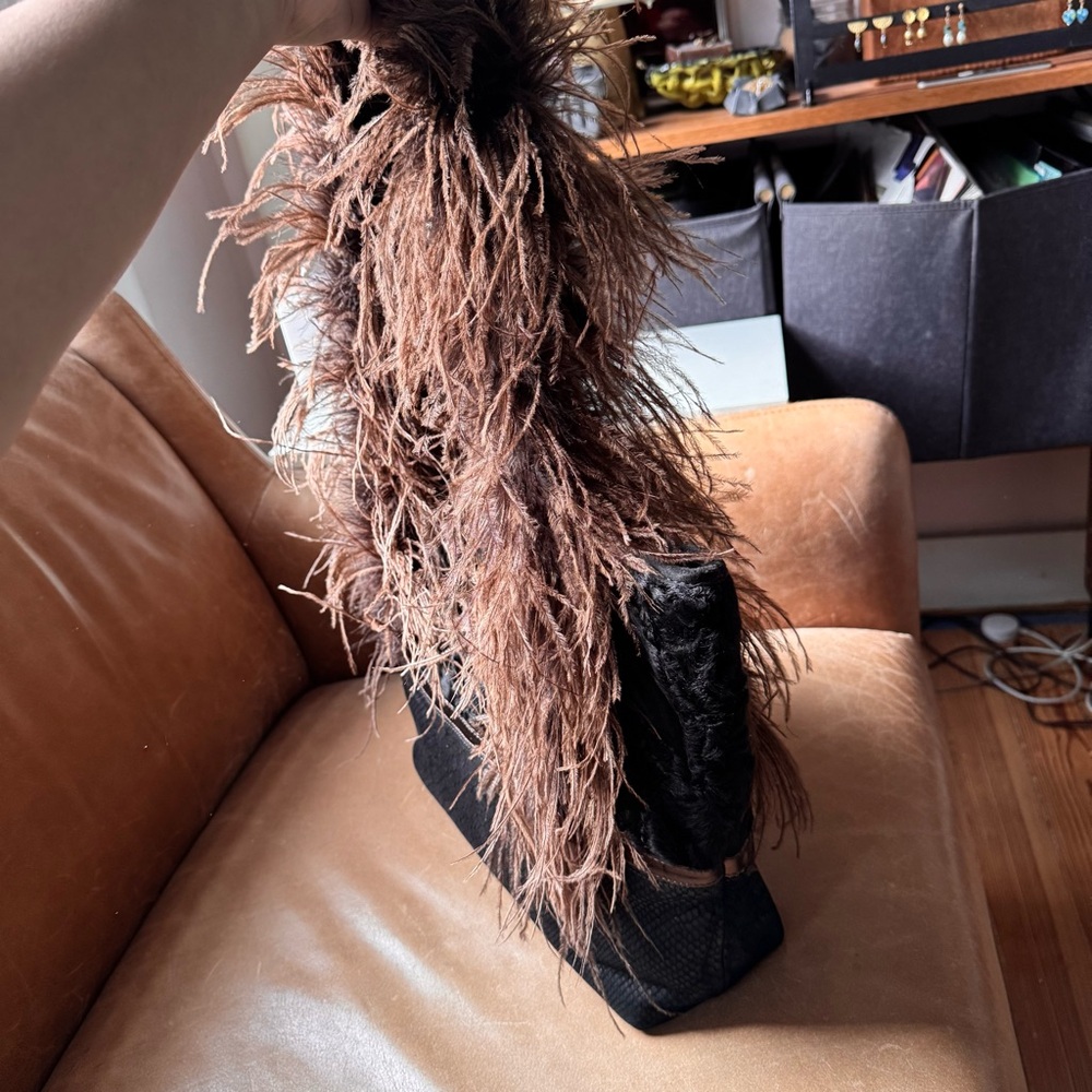Ingrid Bruha leather fur feather leather suede black brown bag NYC Vintage - Picture 5 of 17